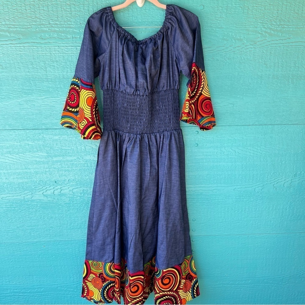 DENIM SMOCKED FIESTA MAXI DRESS SIZE LARGE LIGHTWEIGHT NWT POCKETS - Picture 8 of 12